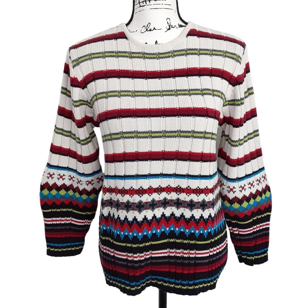 Vintage 1980s Fair Isle Sweater Ribbed Balloon Sleeve Norwegian Multi Womens S